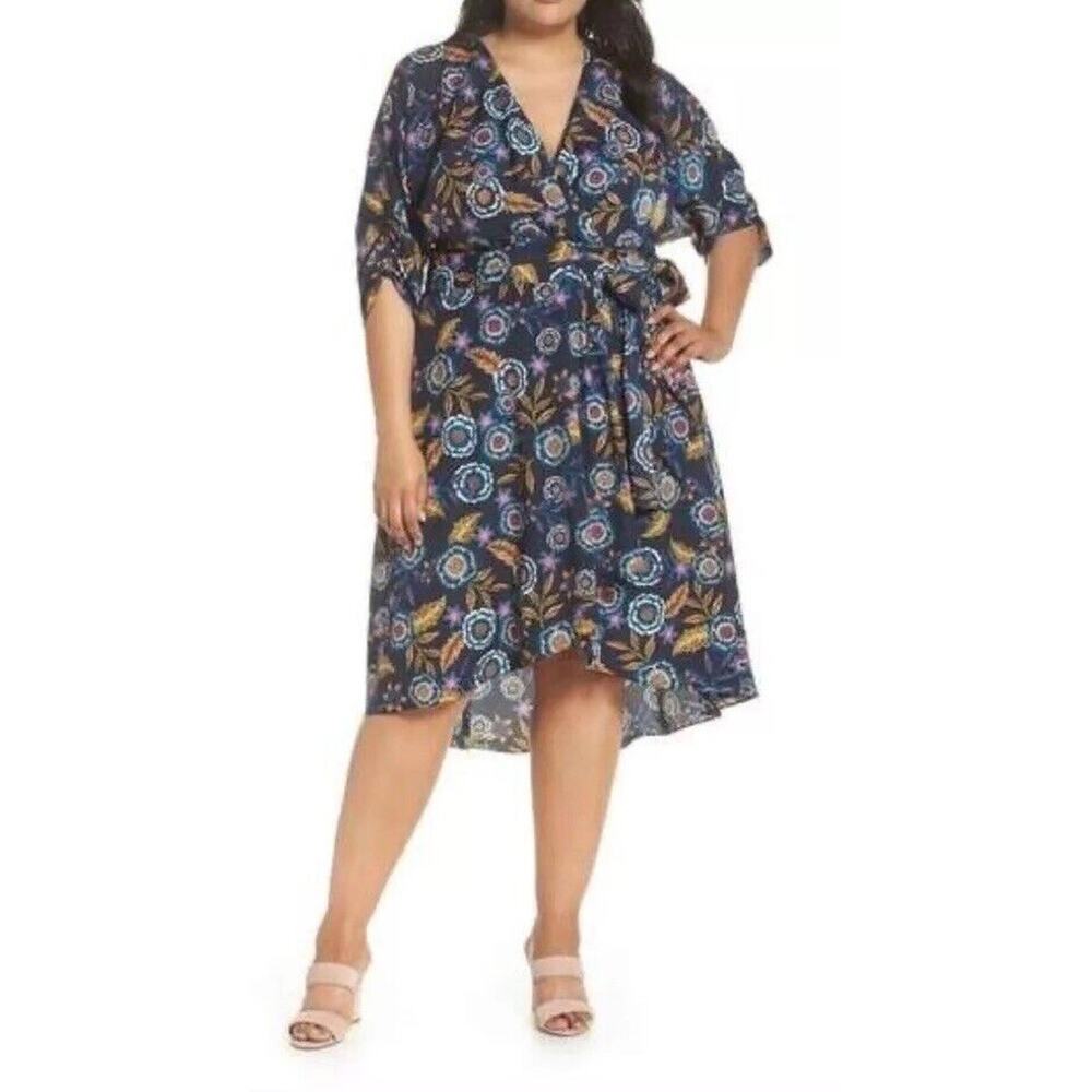 Eliza J Womens Floral High/Low Wrap Dress V-neck Lined Blue Multicolor Size 10‎